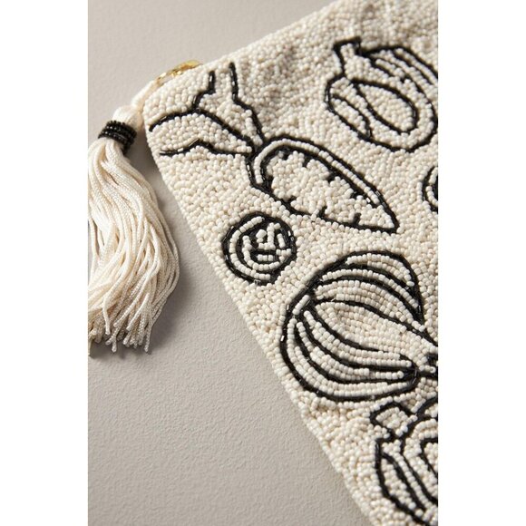 Anthropologie The Fiona Large Beaded Pouch White Black Graphic Veggie Print - Picture 2 of 3